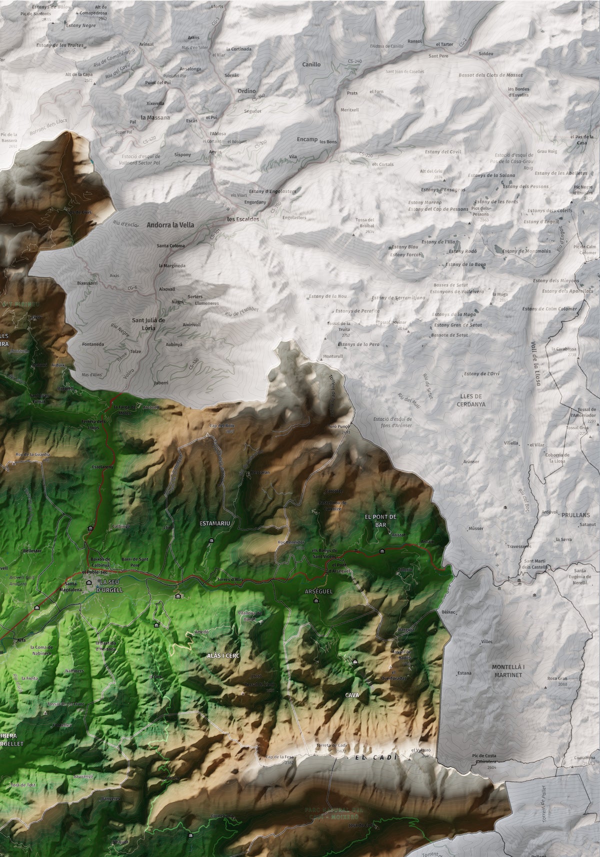 Mapa de relleu de l’Alt Urgell, amb el territori en color i l’entorn en blanc. Detall de la part superior dreta. 70 × 100 cm. Estil Clàssic.