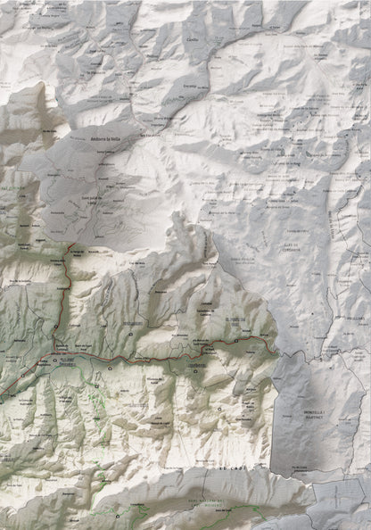 Mapa de relleu de l’Alt Urgell, amb el territori en color i l’entorn en blanc. Detall de la part superior dreta. 70 × 100 cm. Estil Cartogràfic.