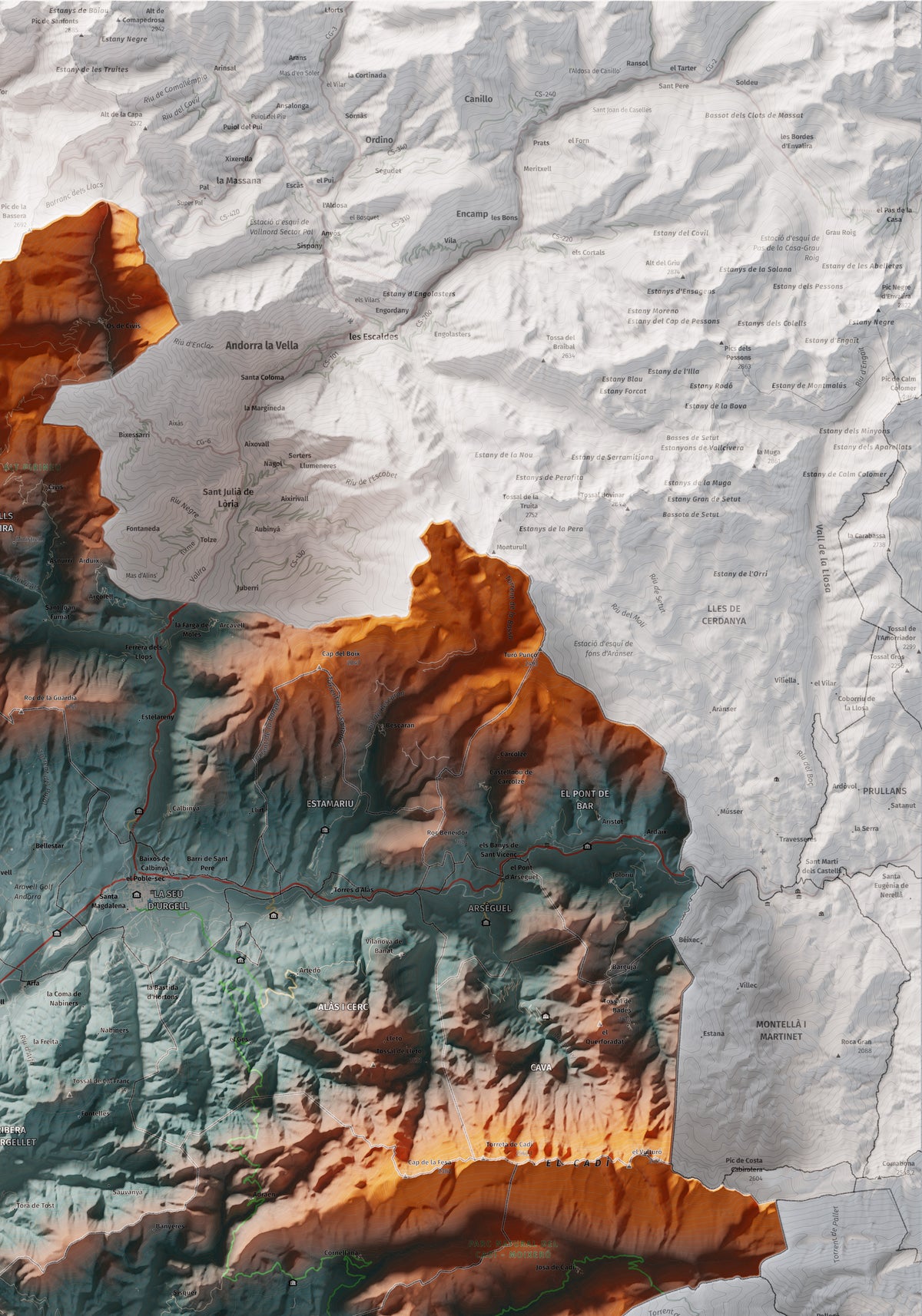 Mapa de relleu de l’Alt Urgell, amb el territori en color i l’entorn en blanc. Detall de la part superior dreta. 70 × 100 cm. Estil Blau i taronja.