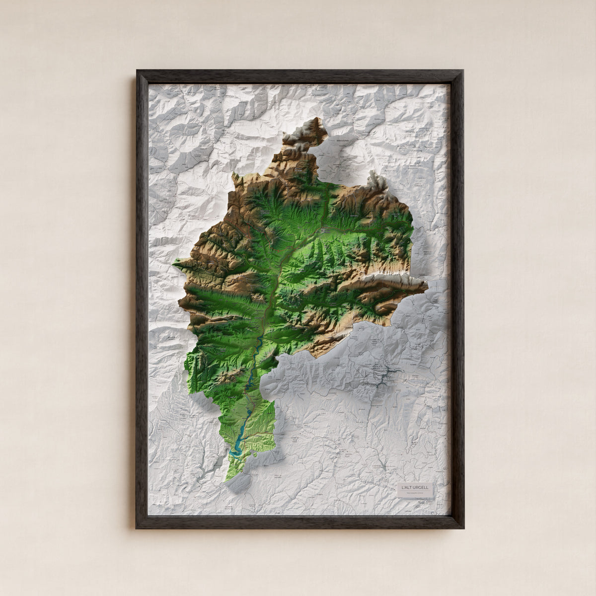 Mapa de relleu de l’Alt Urgell, amb el territori en color i l’entorn en blanc. Presentació amb marc. 70 × 100 cm. Estil Clàssic.