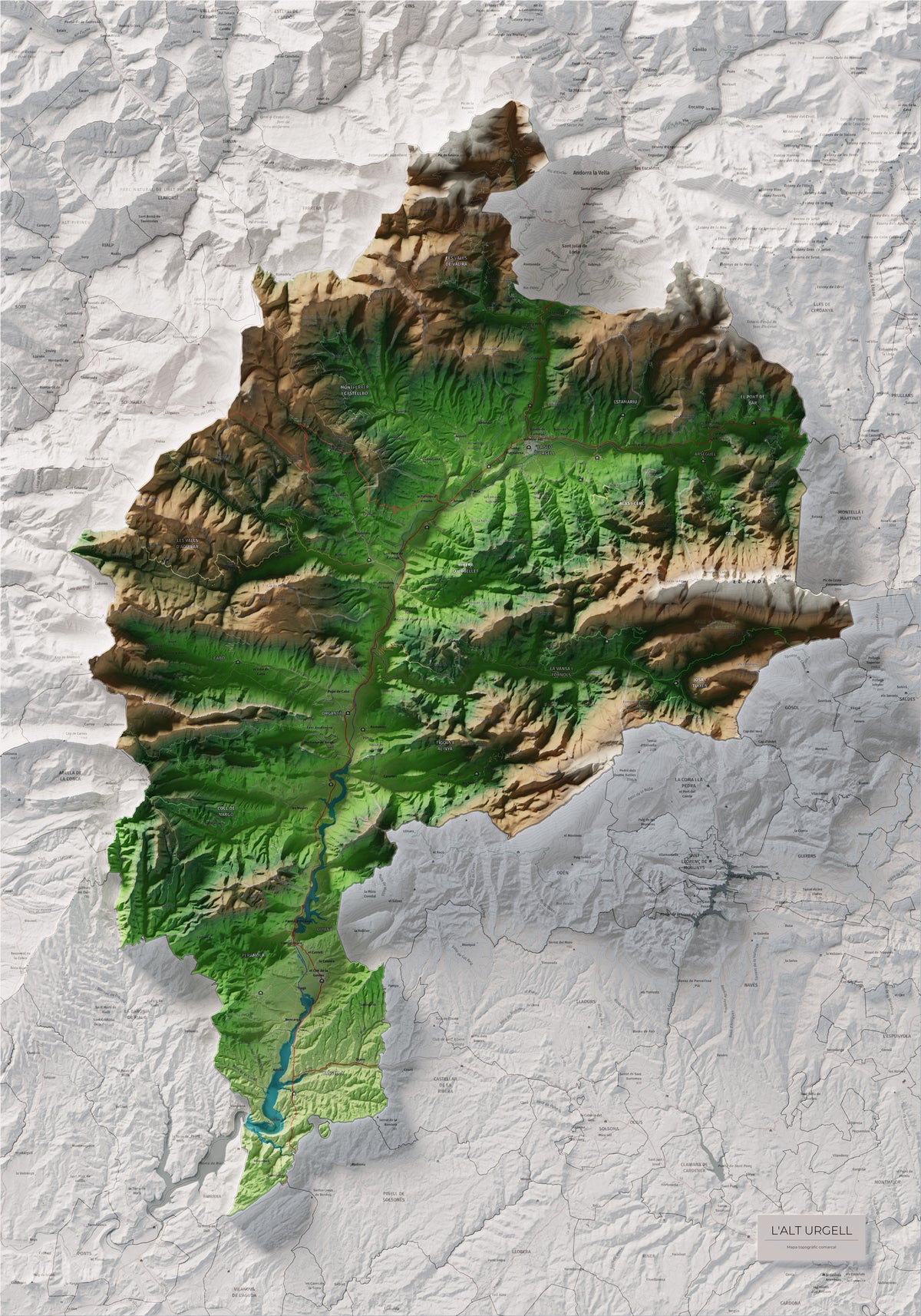 Mapa de relleu de l’Alt Urgell, amb el territori en color i l’entorn en blanc. Vista completa de la làmina. 70 × 100 cm. Estil Clàssic.