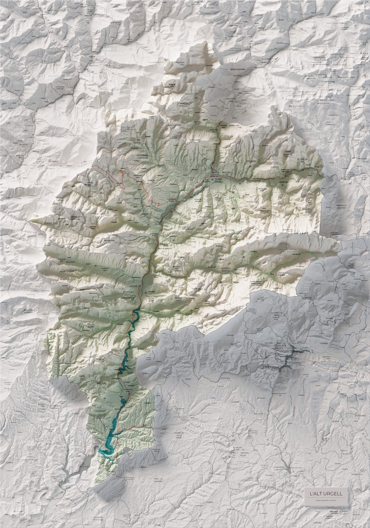 Mapa de relleu de l’Alt Urgell, amb el territori en color i l’entorn en blanc. Vista completa de la làmina. 70 × 100 cm. Estil Cartogràfic.