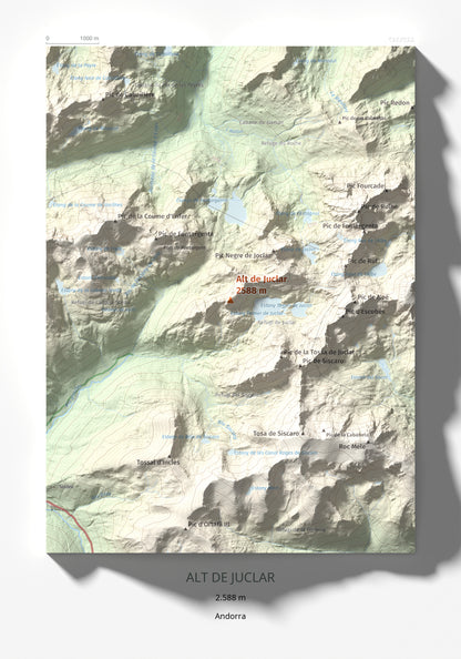 Mapa de relieve de Alt de Juclar, 2588 m, Andorra, lámina 100 Cims de Trobart 21 × 30 cm.