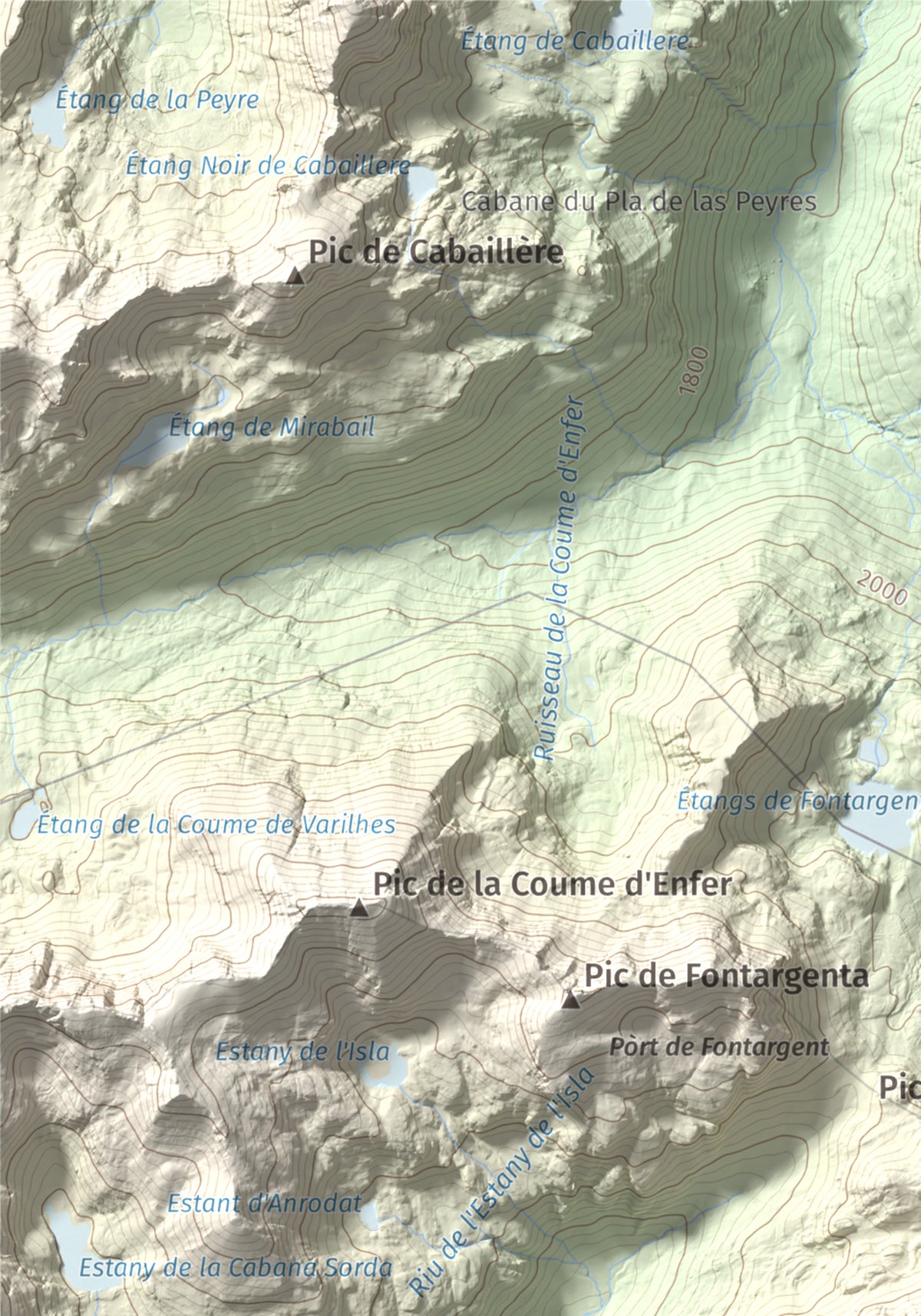 Mapa de relieve de Alt de Juclar, 2588 m, Andorra, lámina 100 Cims de Trobart. Detalle de la zona superior izquierda. 21 × 30 cm.