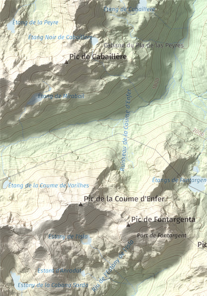Mapa de relieve de Alt de Juclar, 2588 m, Andorra, lámina 100 Cims de Trobart. Detalle de la zona superior izquierda. 21 × 30 cm.
