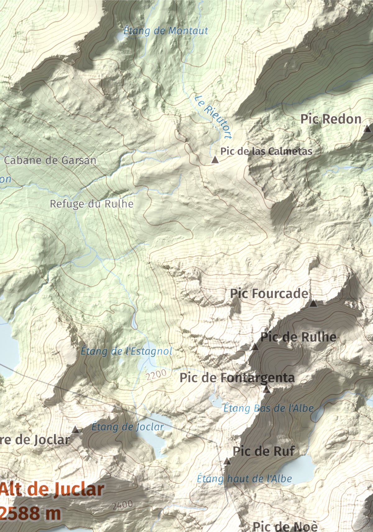 Mapa de relieve de Alt de Juclar, 2588 m, Andorra, lámina 100 Cims de Trobart. Detalle de la zona superior derecha. 21 × 30 cm.