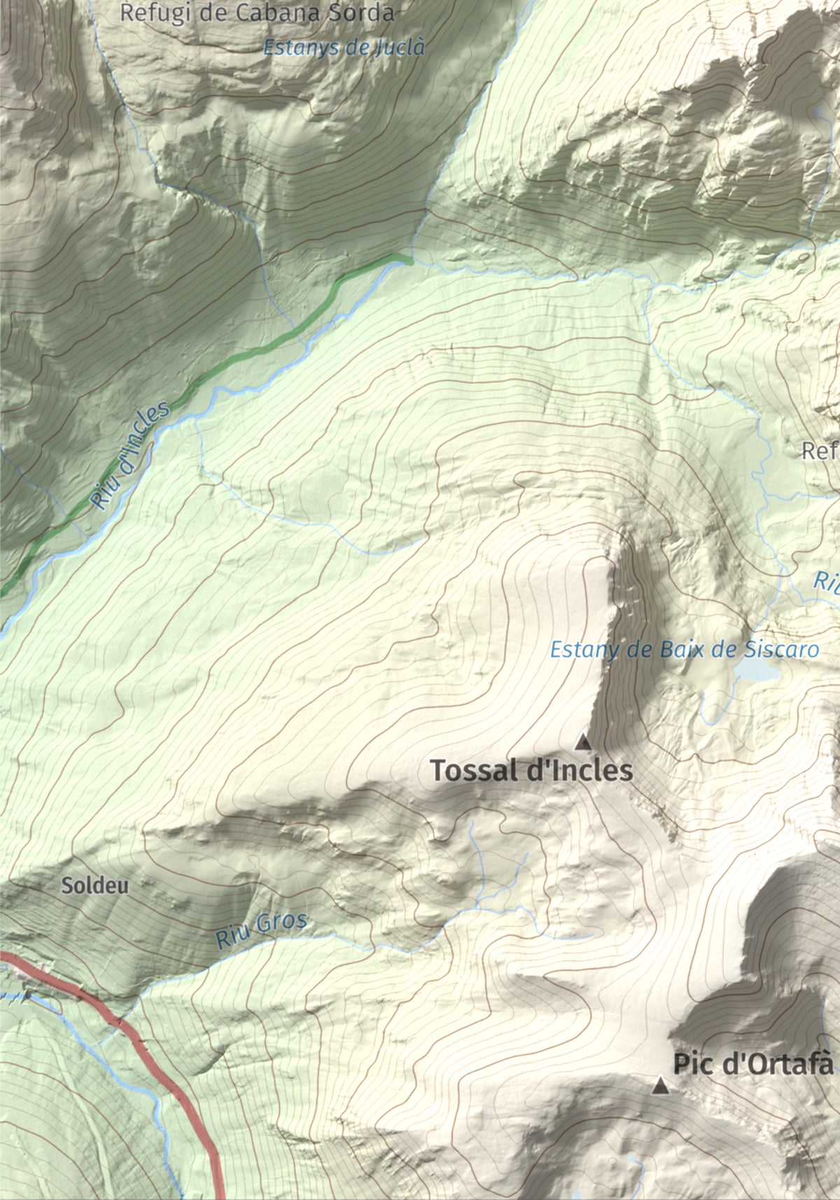 Mapa de relieve de Alt de Juclar, 2588 m, Andorra, lámina 100 Cims de Trobart. Detalle de la zona inferior izquierda. 21 × 30 cm.