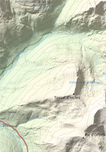 Mapa de relieve de Alt de Juclar, 2588 m, Andorra, lámina 100 Cims de Trobart. Detalle de la zona inferior izquierda. 21 × 30 cm.