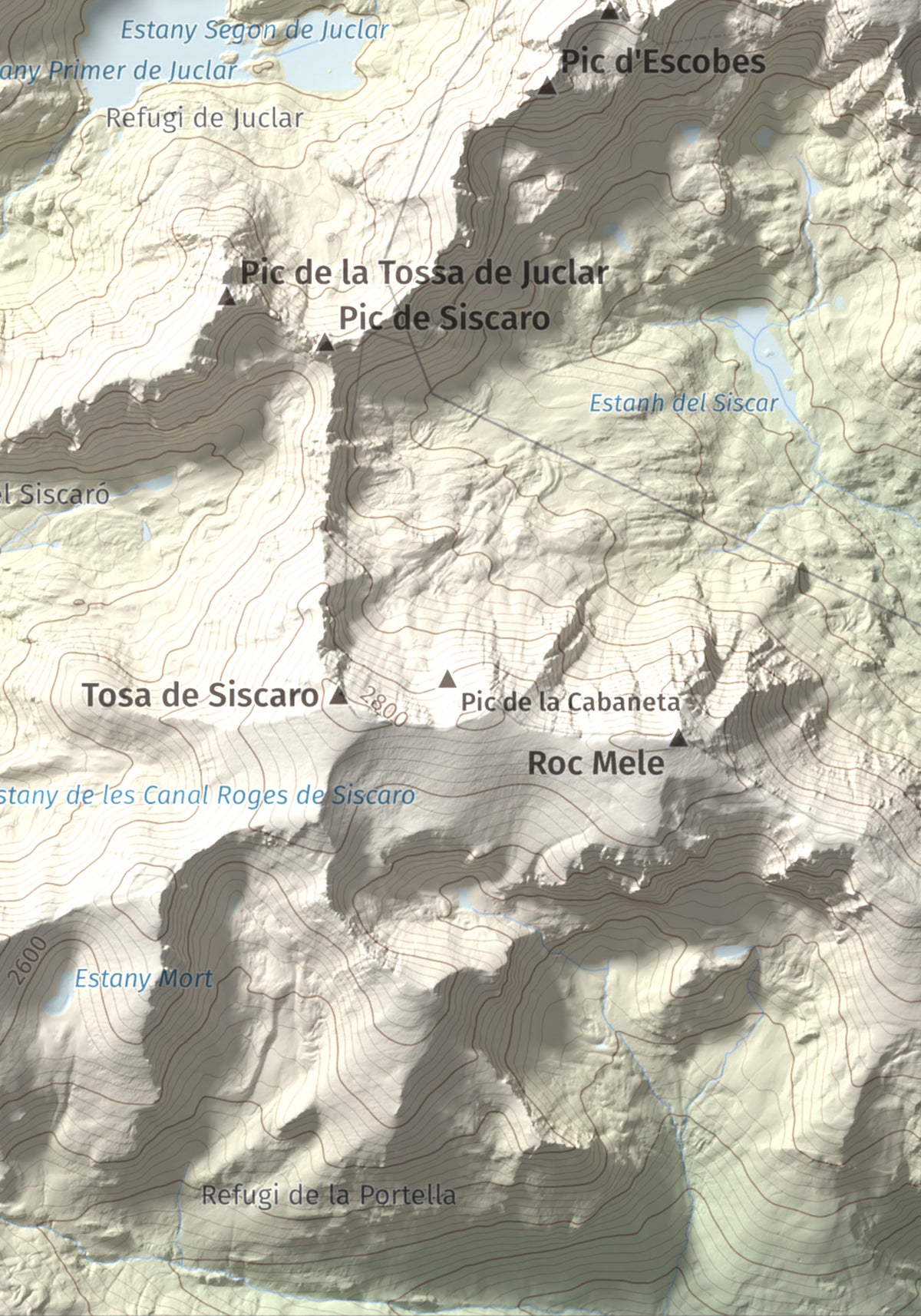 Mapa de relieve de Alt de Juclar, 2588 m, Andorra, lámina 100 Cims de Trobart. Detalle de la zona inferior derecha. 21 × 30 cm.