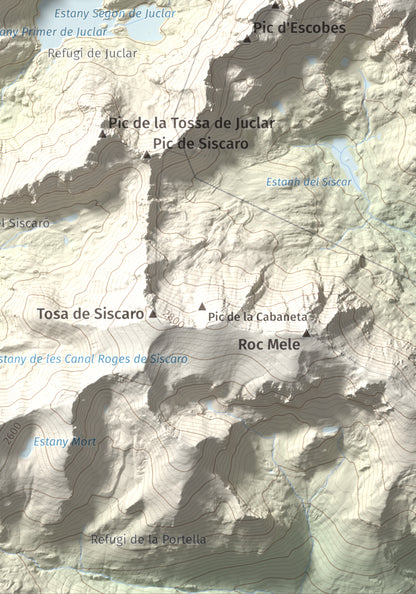 Mapa de relieve de Alt de Juclar, 2588 m, Andorra, lámina 100 Cims de Trobart. Detalle de la zona inferior derecha. 21 × 30 cm.