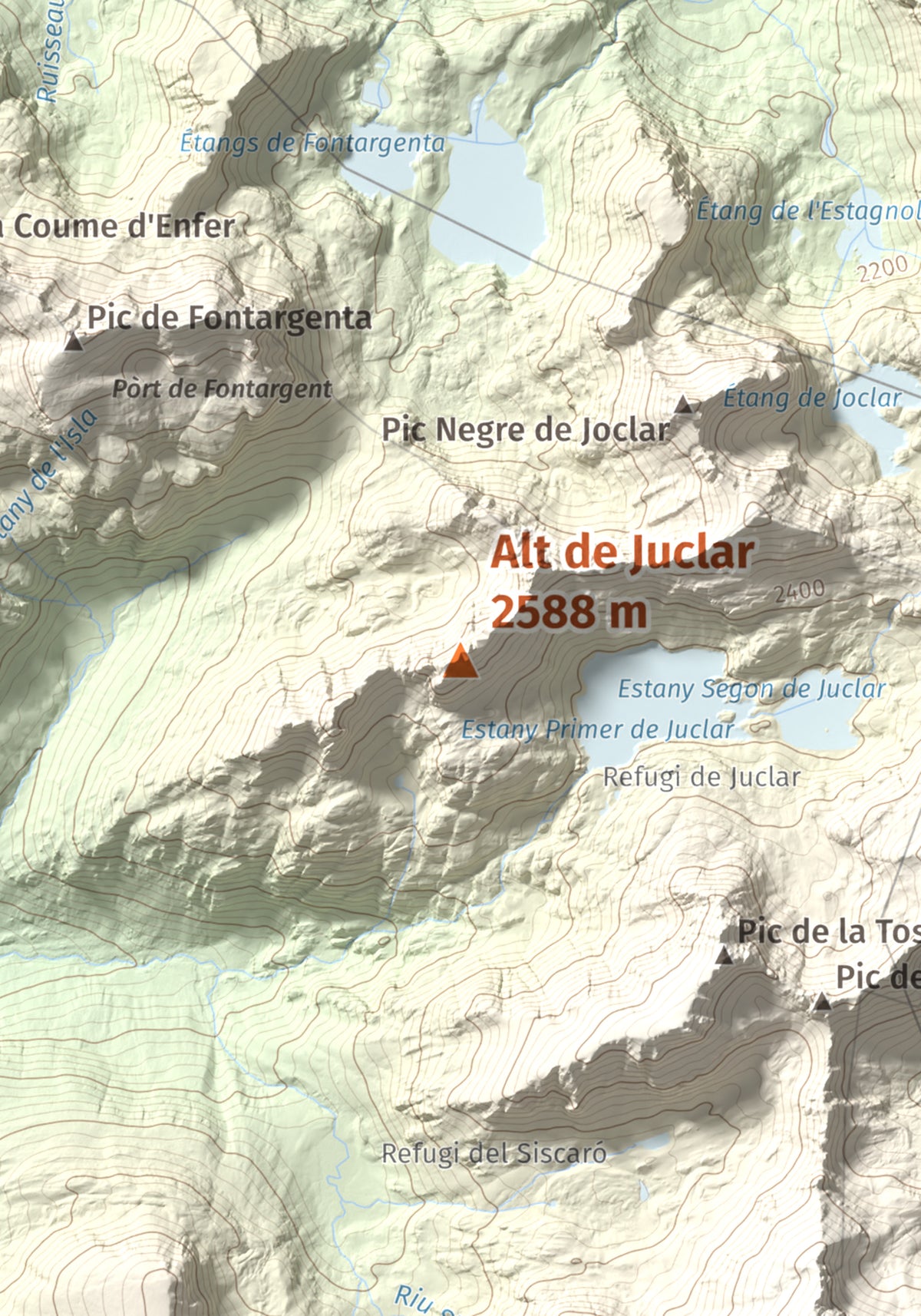 Mapa de relieve de Alt de Juclar, 2588 m, Andorra, lámina 100 Cims de Trobart. Detalle de la zona central. 21 × 30 cm.