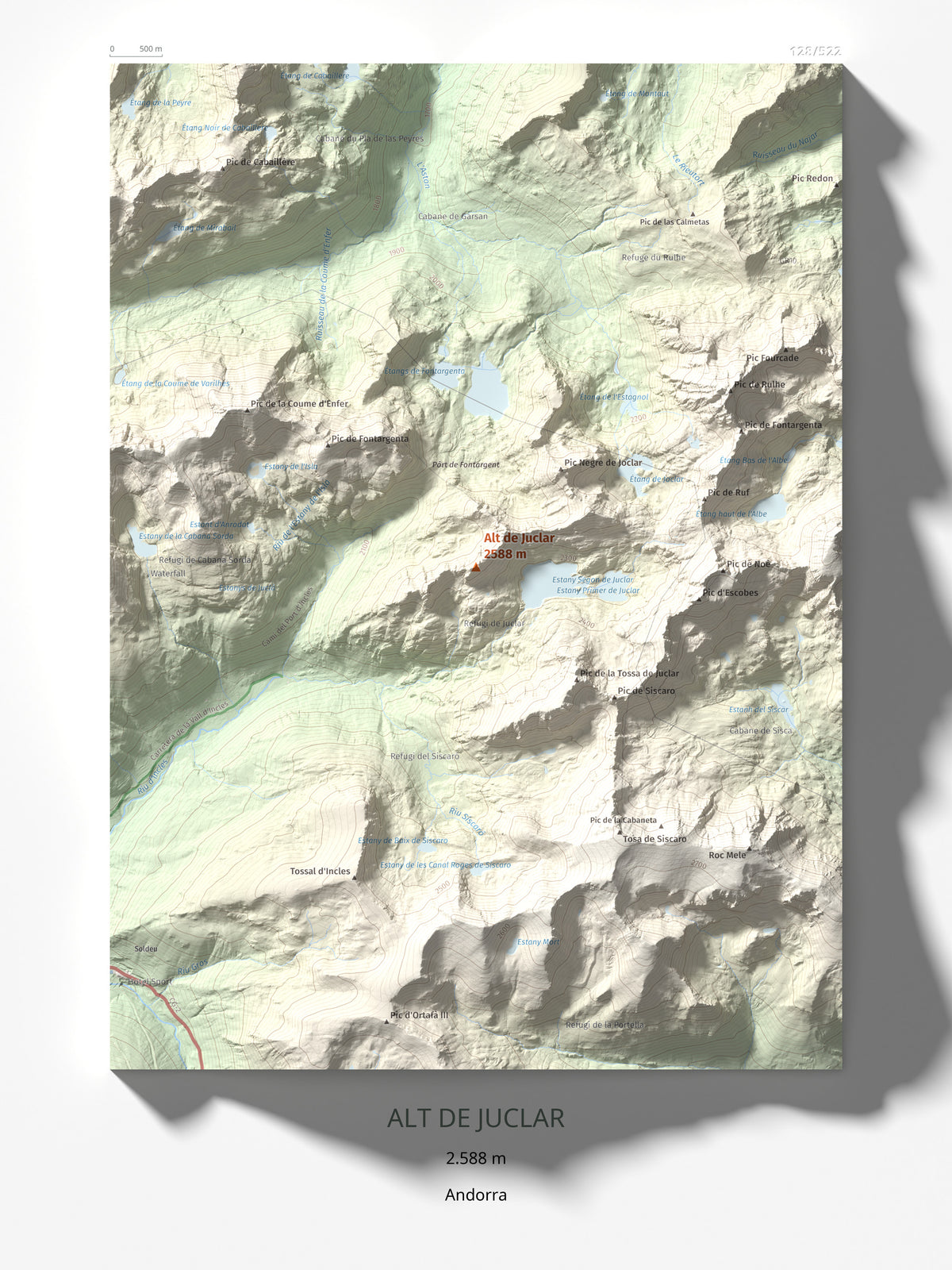 Mapa de relieve de Alt de Juclar, 2588 m, Andorra, lámina 100 Cims de Trobart 30 × 40 cm.