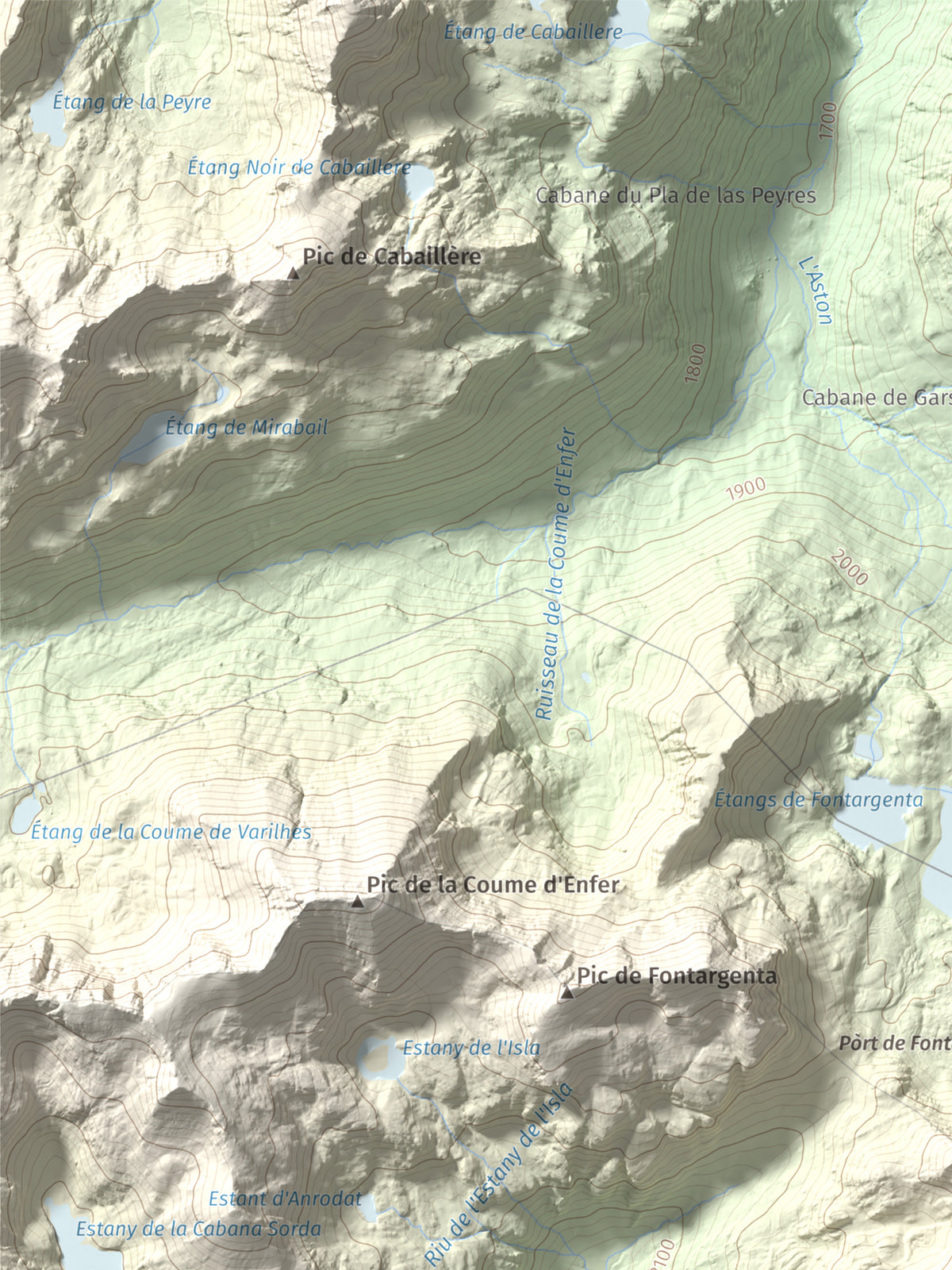 Mapa de relieve de Alt de Juclar, 2588 m, Andorra, lámina 100 Cims de Trobart. Detalle de la zona superior izquierda. 30 × 40 cm.