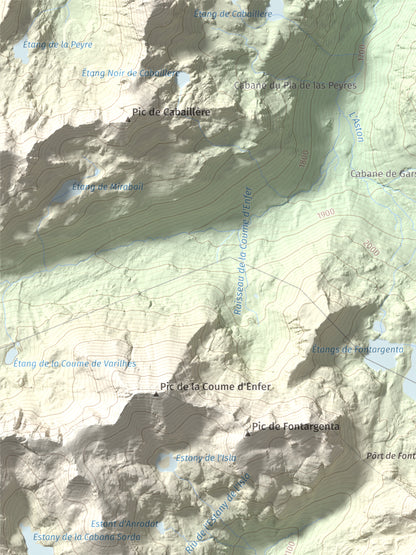 Mapa de relieve de Alt de Juclar, 2588 m, Andorra, lámina 100 Cims de Trobart. Detalle de la zona superior izquierda. 30 × 40 cm.