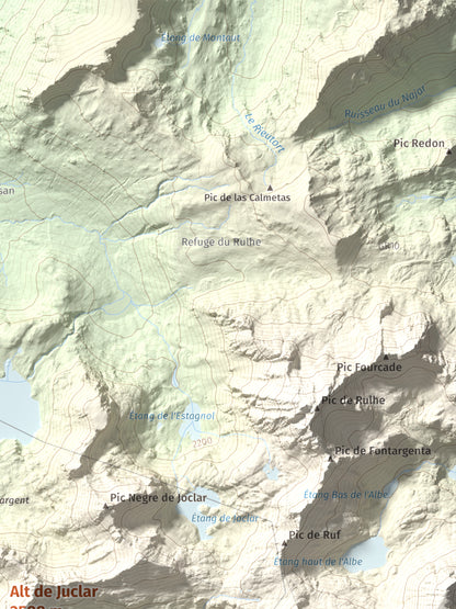 Mapa de relieve de Alt de Juclar, 2588 m, Andorra, lámina 100 Cims de Trobart. Detalle de la zona superior derecha. 30 × 40 cm.
