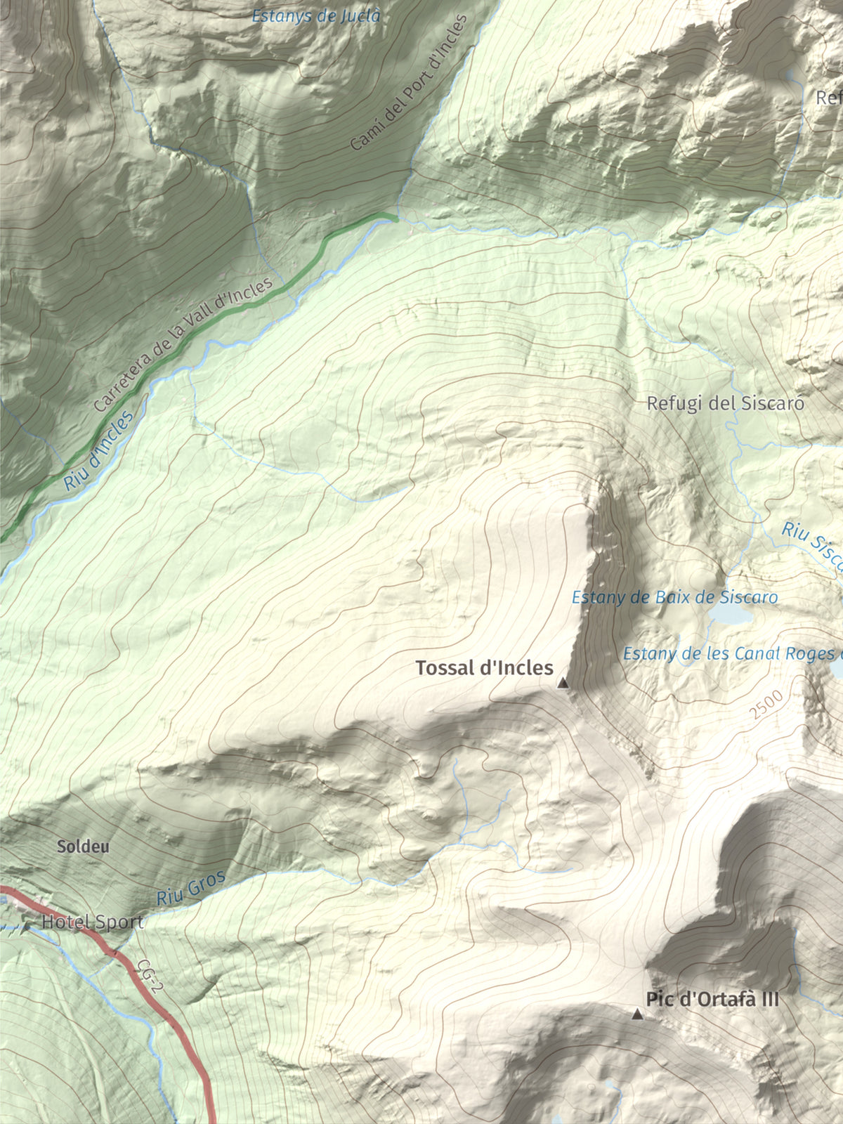 Mapa de relieve de Alt de Juclar, 2588 m, Andorra, lámina 100 Cims de Trobart. Detalle de la zona inferior izquierda. 30 × 40 cm.
