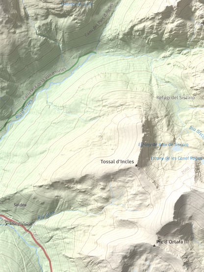 Mapa de relieve de Alt de Juclar, 2588 m, Andorra, lámina 100 Cims de Trobart. Detalle de la zona inferior izquierda. 30 × 40 cm.