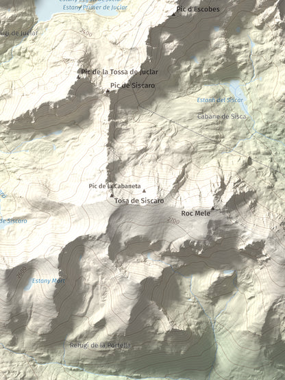 Mapa de relieve de Alt de Juclar, 2588 m, Andorra, lámina 100 Cims de Trobart. Detalle de la zona inferior derecha. 30 × 40 cm.