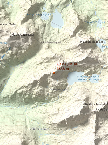 Mapa de relieve de Alt de Juclar, 2588 m, Andorra, lámina 100 Cims de Trobart. Detalle de la zona central. 30 × 40 cm.