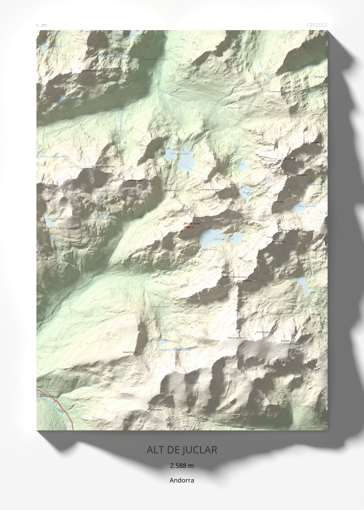 Mapa de relieve de Alt de Juclar, 2588 m, Andorra, lámina 100 Cims de Trobart 50 × 70 cm.