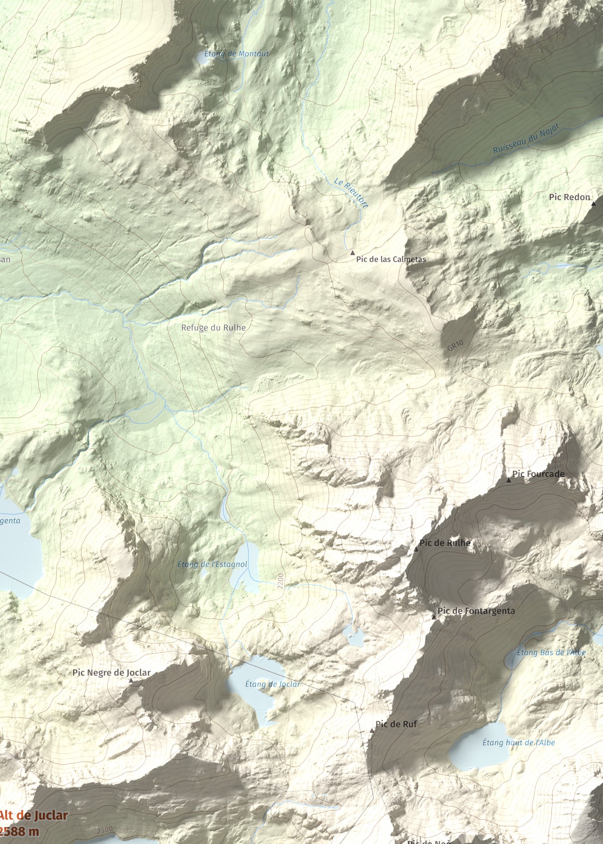 Mapa de relieve de Alt de Juclar, 2588 m, Andorra, lámina 100 Cims de Trobart. Detalle de la zona superior derecha. 50 × 70 cm.