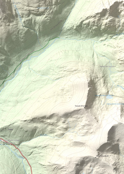 Mapa de relieve de Alt de Juclar, 2588 m, Andorra, lámina 100 Cims de Trobart. Detalle de la zona inferior izquierda. 50 × 70 cm.