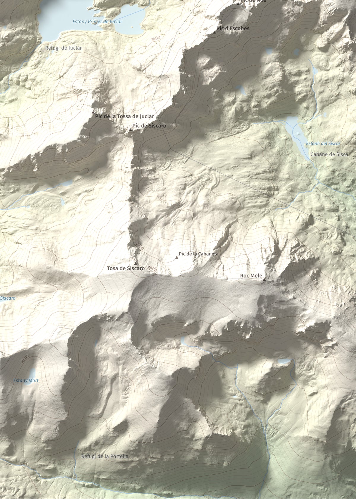 Mapa de relieve de Alt de Juclar, 2588 m, Andorra, lámina 100 Cims de Trobart. Detalle de la zona inferior derecha. 50 × 70 cm.