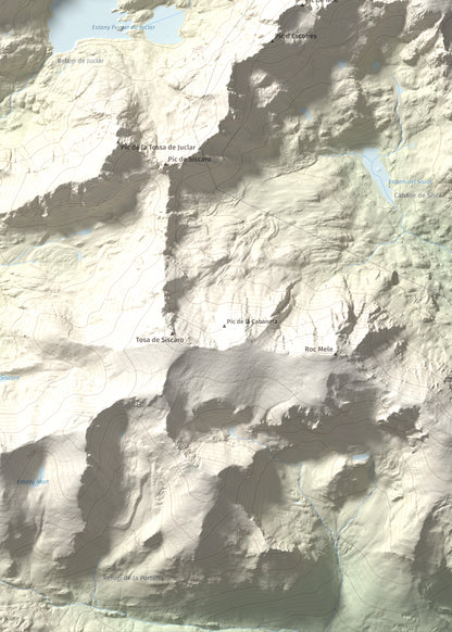 Mapa de relieve de Alt de Juclar, 2588 m, Andorra, lámina 100 Cims de Trobart. Detalle de la zona inferior derecha. 50 × 70 cm.