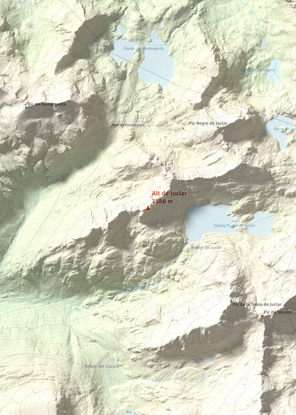 Mapa de relieve de Alt de Juclar, 2588 m, Andorra, lámina 100 Cims de Trobart. Detalle de la zona central. 50 × 70 cm.