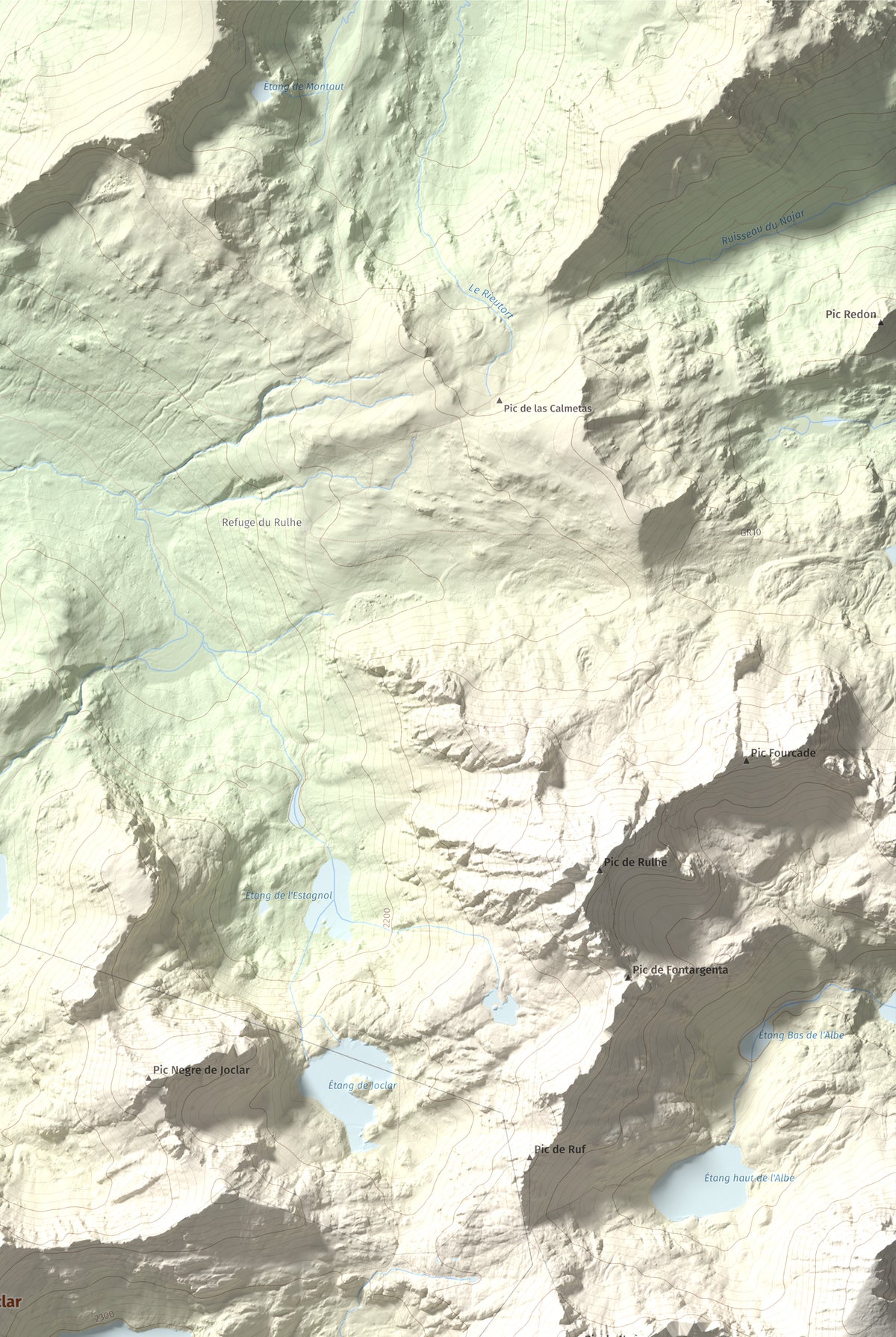 Mapa de relieve de Alt de Juclar, 2588 m, Andorra, lámina 100 Cims de Trobart. Detalle de la zona superior derecha. 61 × 91 cm.