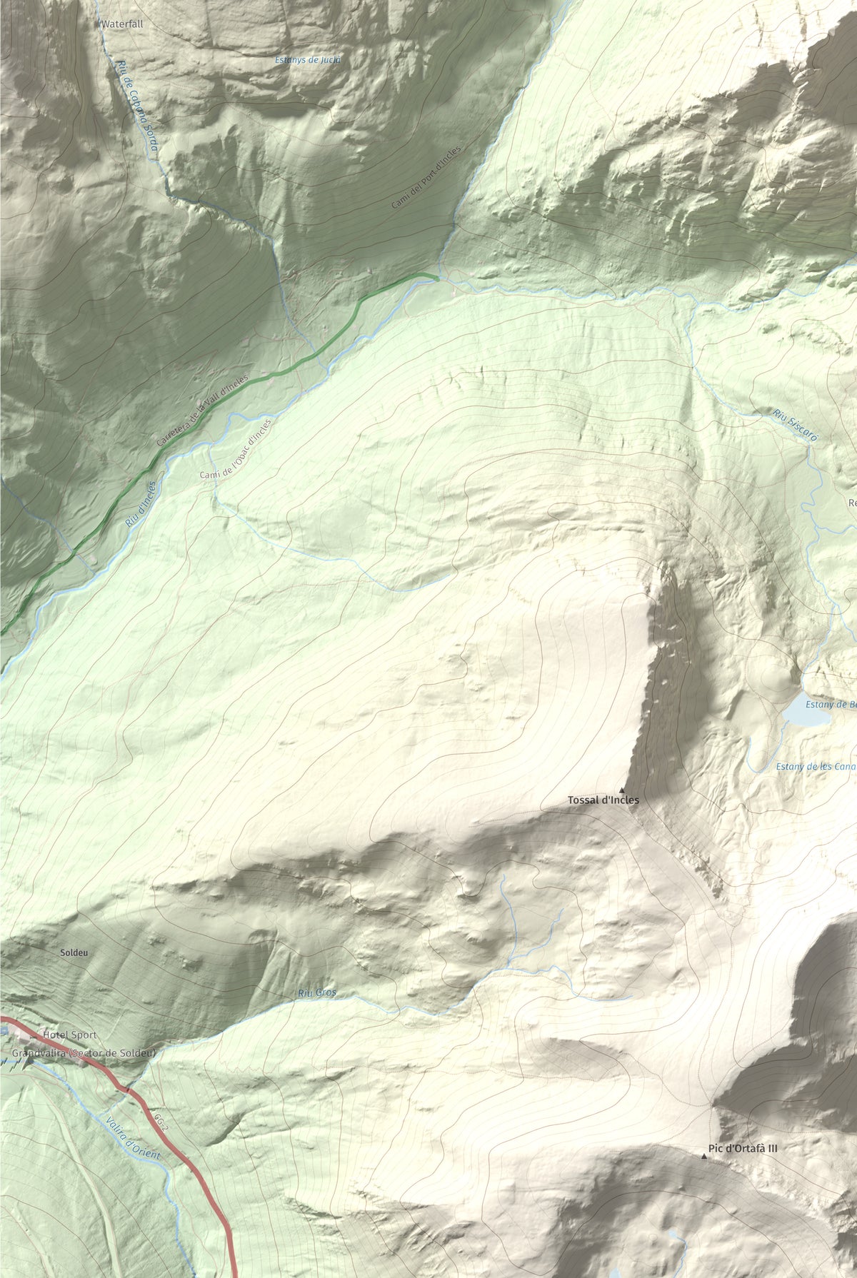 Mapa de relieve de Alt de Juclar, 2588 m, Andorra, lámina 100 Cims de Trobart. Detalle de la zona inferior izquierda. 61 × 91 cm.