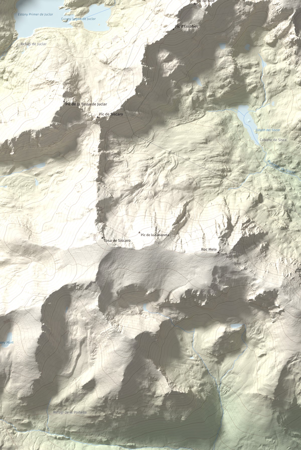 Mapa de relieve de Alt de Juclar, 2588 m, Andorra, lámina 100 Cims de Trobart. Detalle de la zona inferior derecha. 61 × 91 cm.