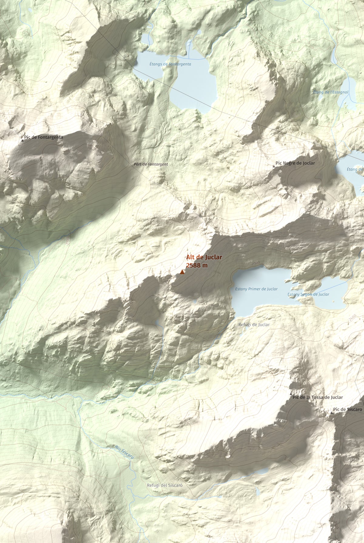 Mapa de relieve de Alt de Juclar, 2588 m, Andorra, lámina 100 Cims de Trobart. Detalle de la zona central. 61 × 91 cm.