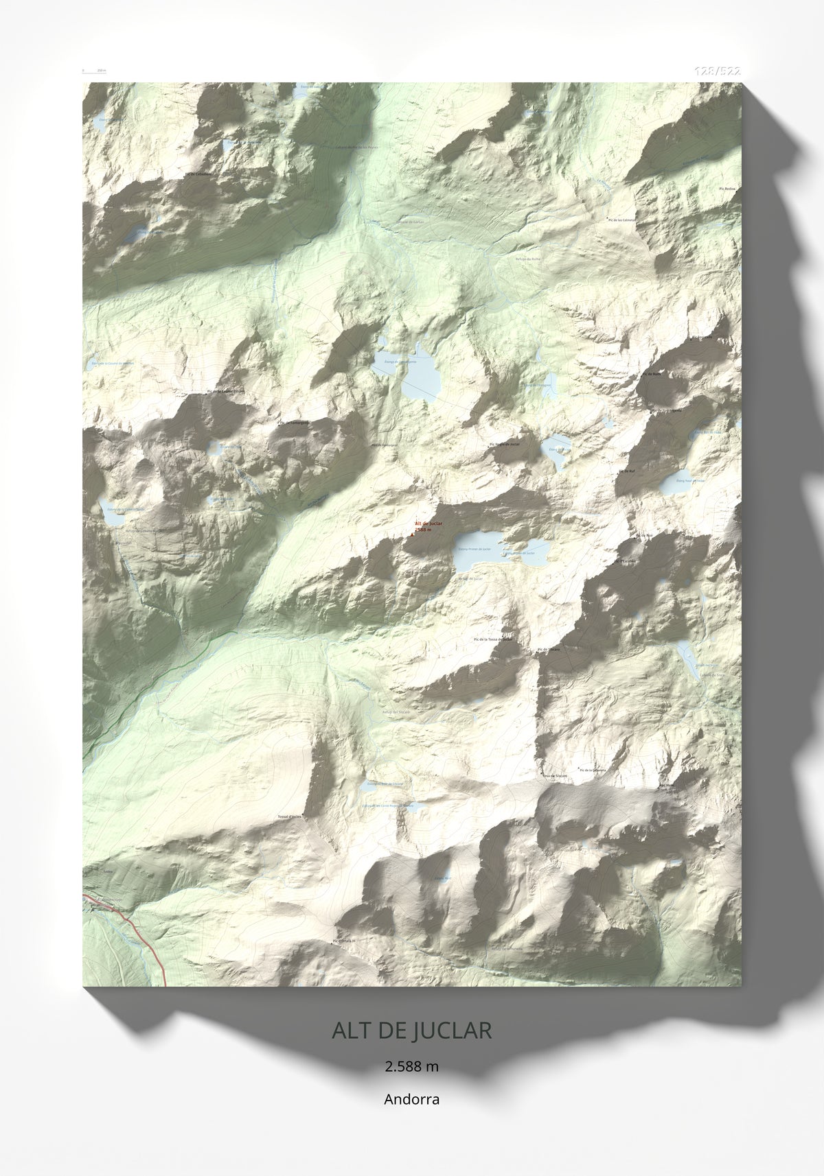 Mapa de relieve de Alt de Juclar, 2588 m, Andorra, lámina 100 Cims de Trobart 70 × 100 cm.