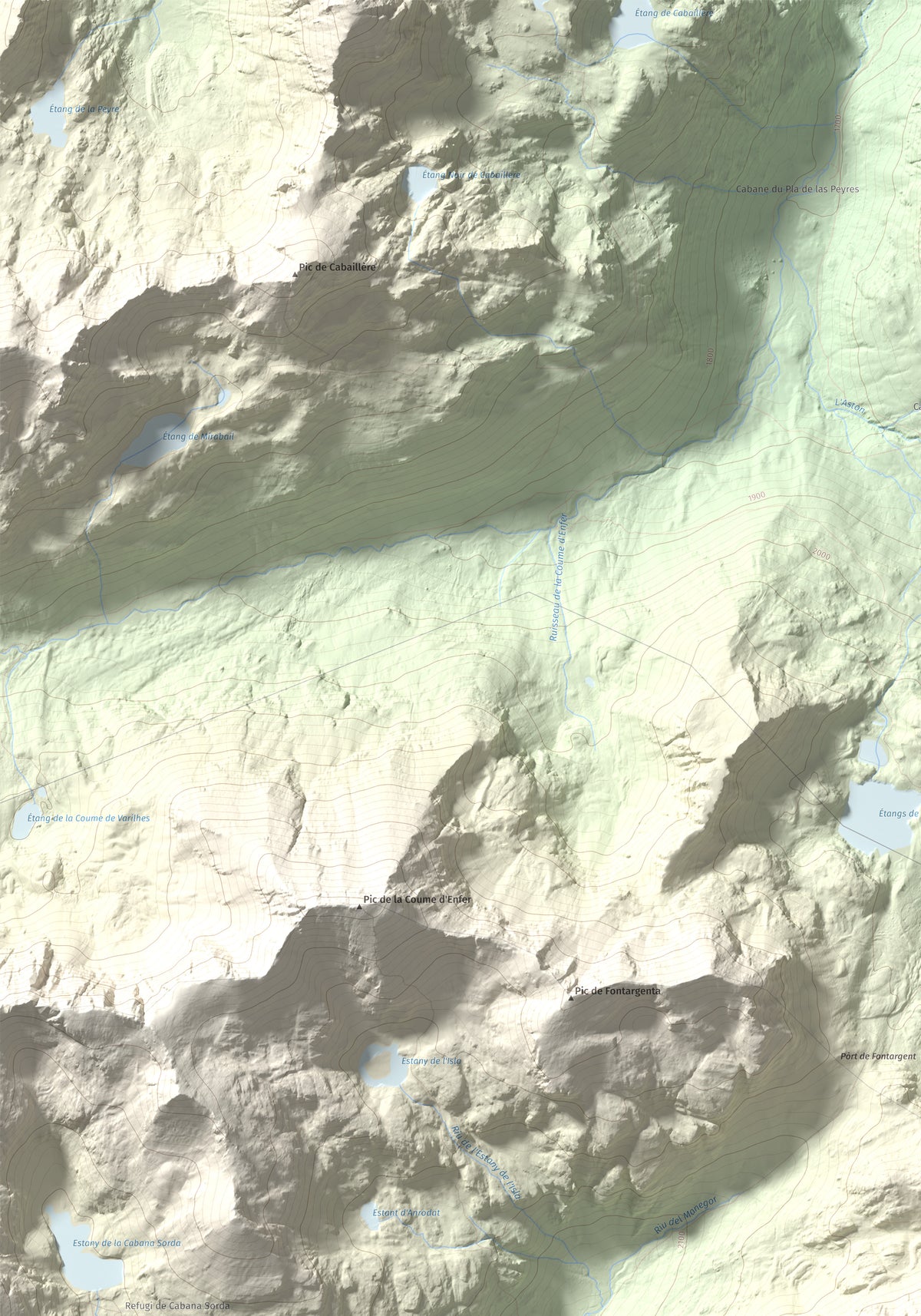 Mapa de relieve de Alt de Juclar, 2588 m, Andorra, lámina 100 Cims de Trobart. Detalle de la zona superior izquierda. 70 × 100 cm.