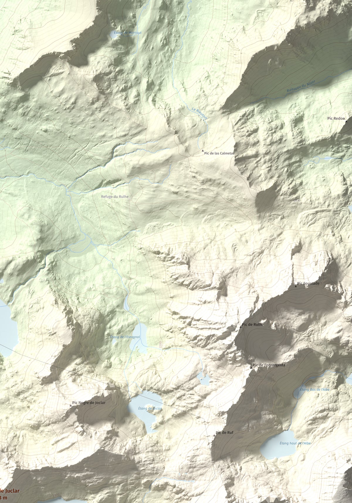 Mapa de relieve de Alt de Juclar, 2588 m, Andorra, lámina 100 Cims de Trobart. Detalle de la zona superior derecha. 70 × 100 cm.