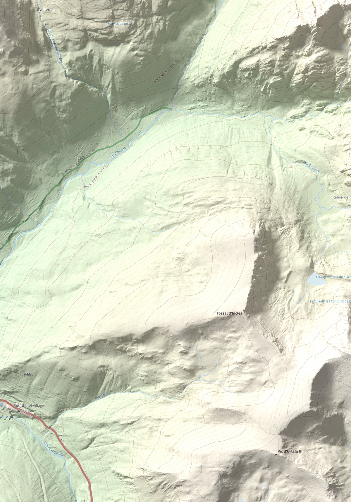 Mapa de relieve de Alt de Juclar, 2588 m, Andorra, lámina 100 Cims de Trobart. Detalle de la zona inferior izquierda. 70 × 100 cm.