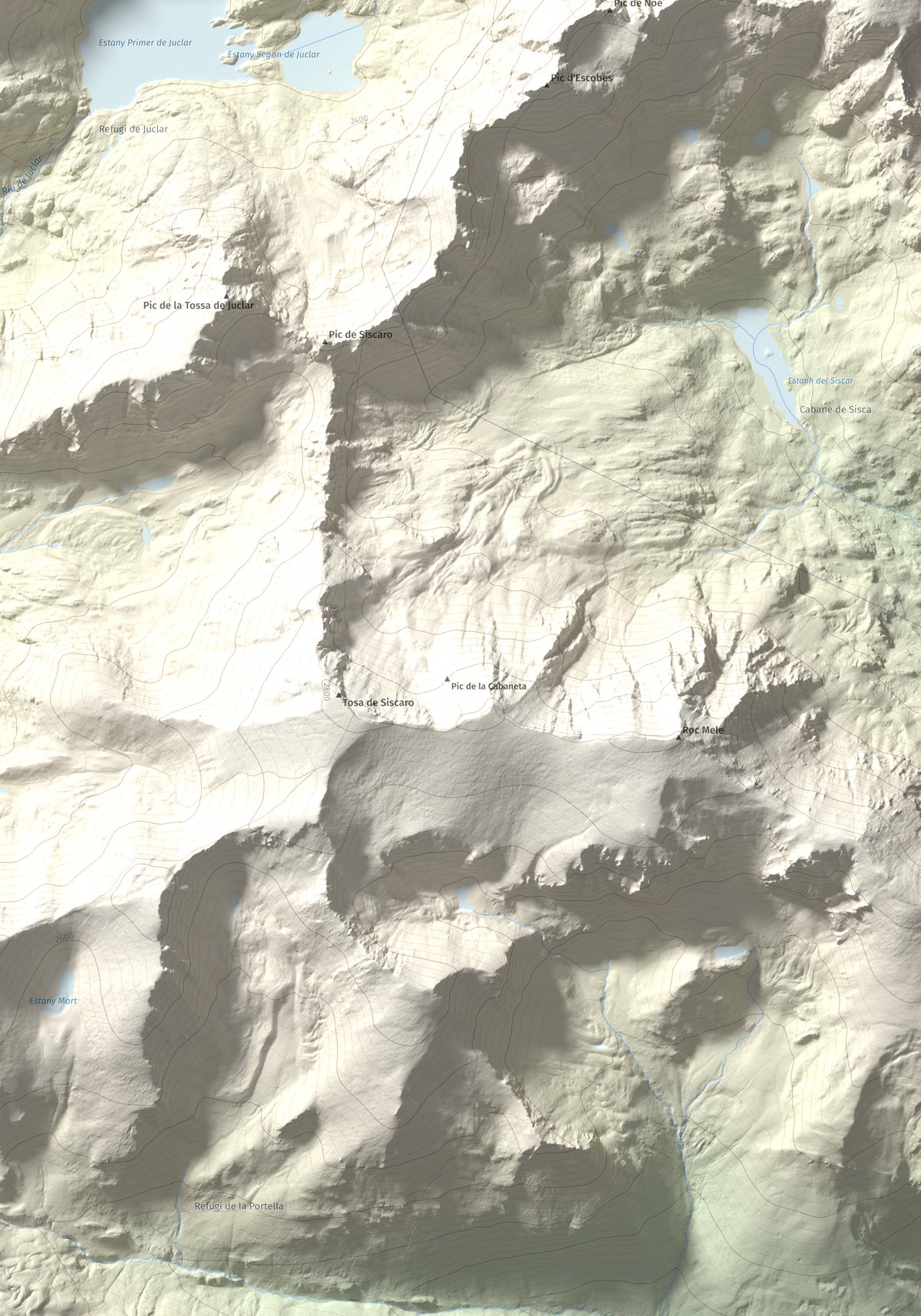 Mapa de relieve de Alt de Juclar, 2588 m, Andorra, lámina 100 Cims de Trobart. Detalle de la zona inferior derecha. 70 × 100 cm.