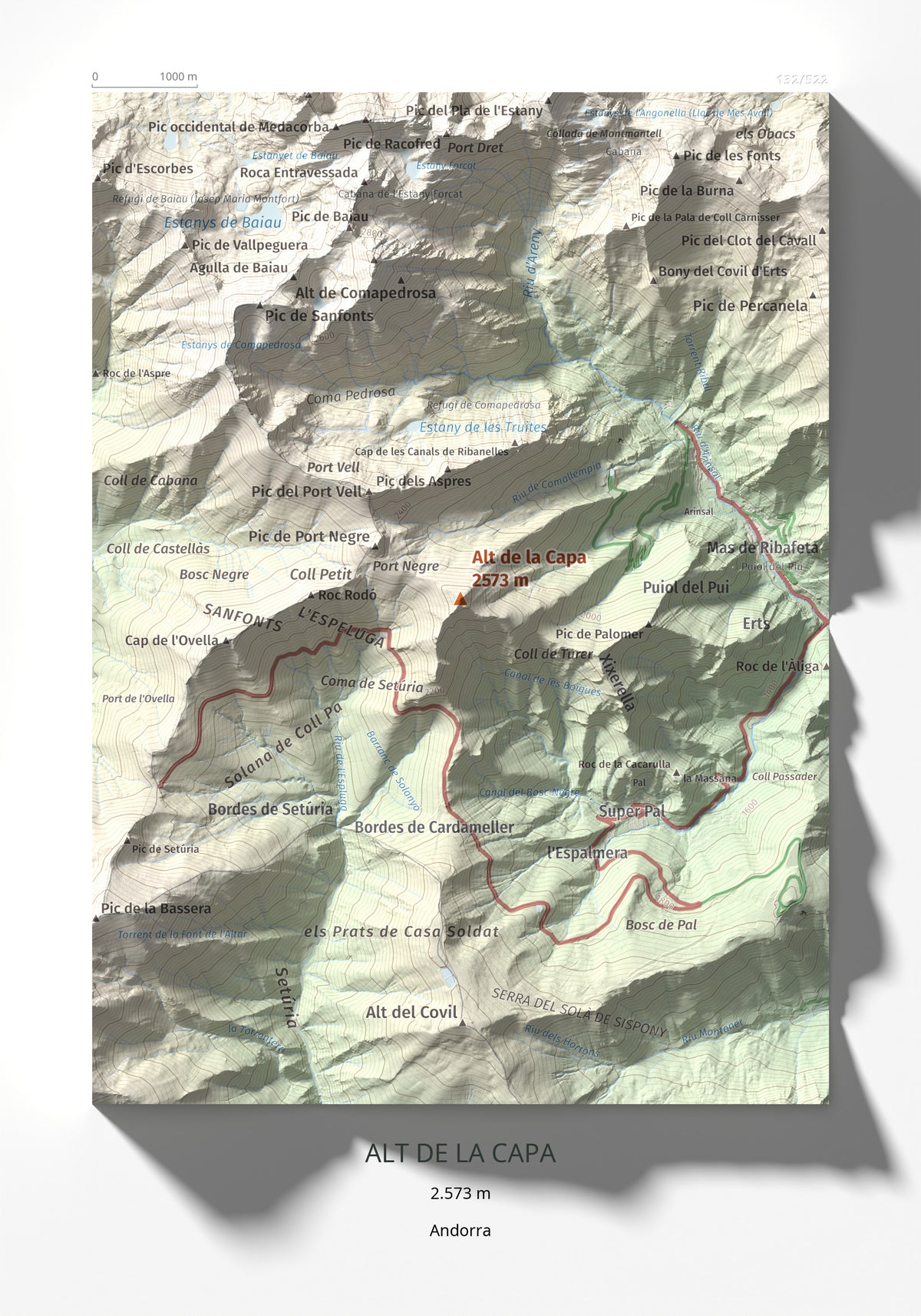 Mapa de relieve de Alt de la Capa, 2573 m, Andorra, lámina 100 Cims de Trobart 21 × 30 cm.