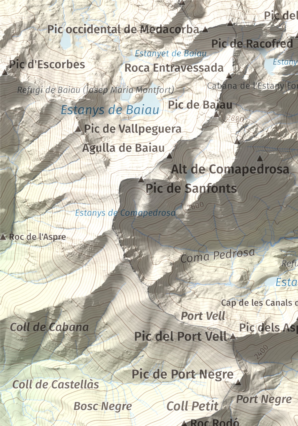 Mapa de relieve de Alt de la Capa, 2573 m, Andorra, lámina 100 Cims de Trobart. Detalle de la zona superior izquierda. 21 × 30 cm.