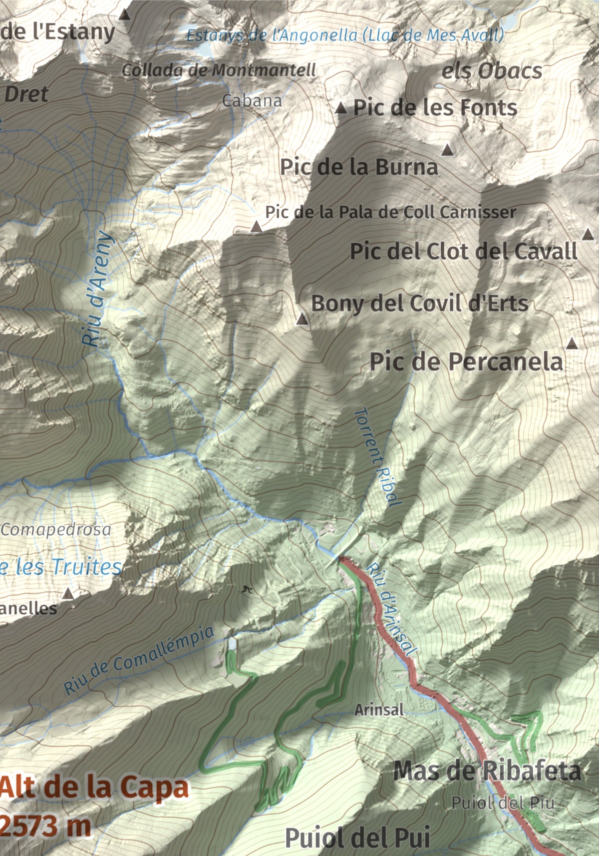 Mapa de relieve de Alt de la Capa, 2573 m, Andorra, lámina 100 Cims de Trobart. Detalle de la zona superior derecha. 21 × 30 cm.