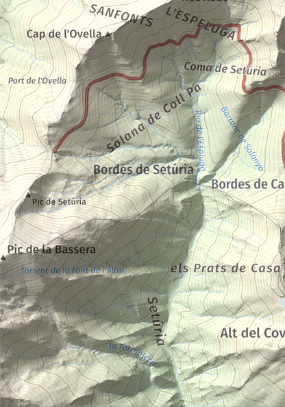 Mapa de relieve de Alt de la Capa, 2573 m, Andorra, lámina 100 Cims de Trobart. Detalle de la zona inferior izquierda. 21 × 30 cm.