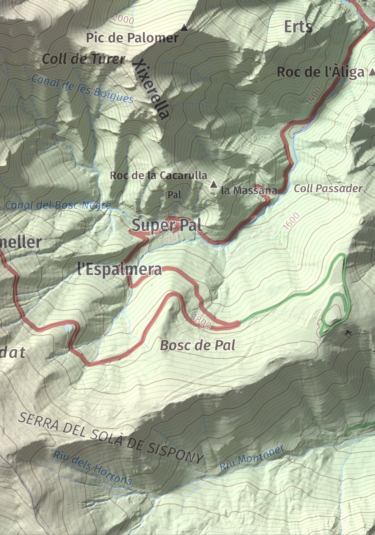 Mapa de relieve de Alt de la Capa, 2573 m, Andorra, lámina 100 Cims de Trobart. Detalle de la zona inferior derecha. 21 × 30 cm.