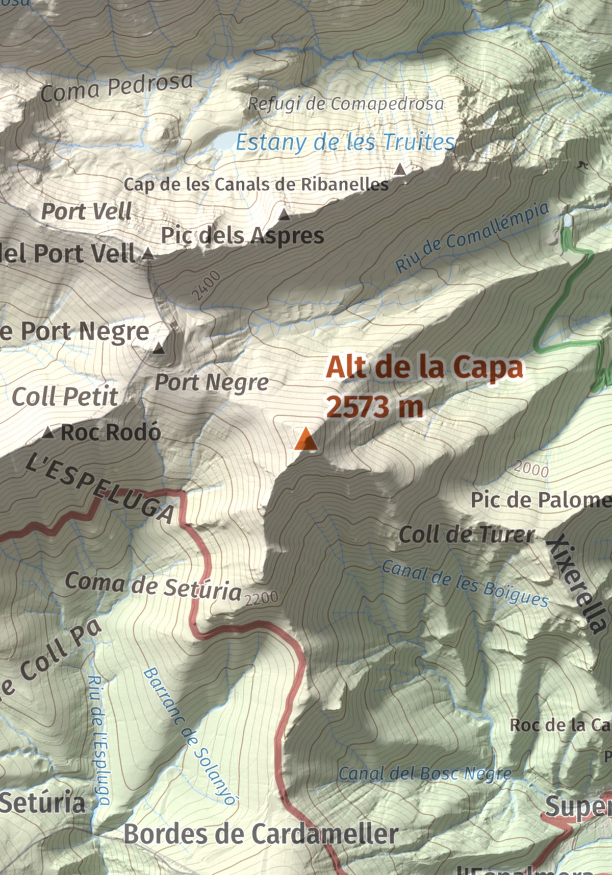 Mapa de relieve de Alt de la Capa, 2573 m, Andorra, lámina 100 Cims de Trobart. Detalle de la zona central. 21 × 30 cm.