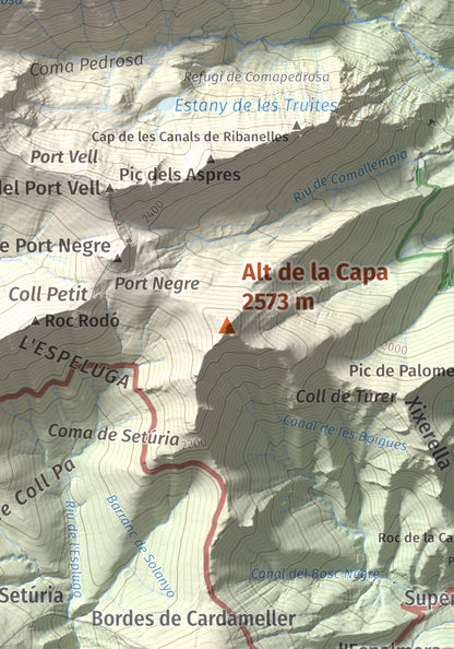 Mapa de relieve de Alt de la Capa, 2573 m, Andorra, lámina 100 Cims de Trobart. Detalle de la zona central. 21 × 30 cm.