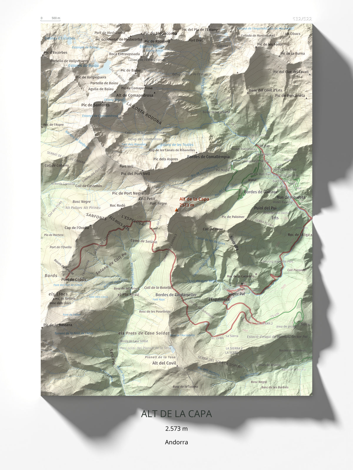Mapa de relieve de Alt de la Capa, 2573 m, Andorra, lámina 100 Cims de Trobart 30 × 40 cm.