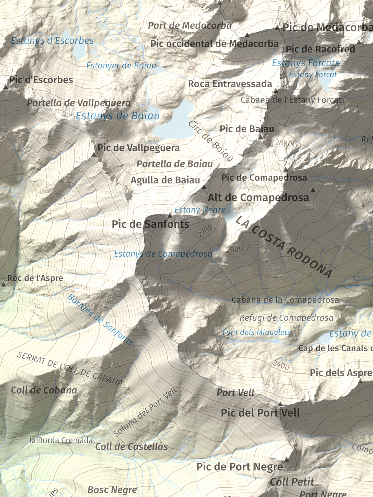 Mapa de relieve de Alt de la Capa, 2573 m, Andorra, lámina 100 Cims de Trobart. Detalle de la zona superior izquierda. 30 × 40 cm.