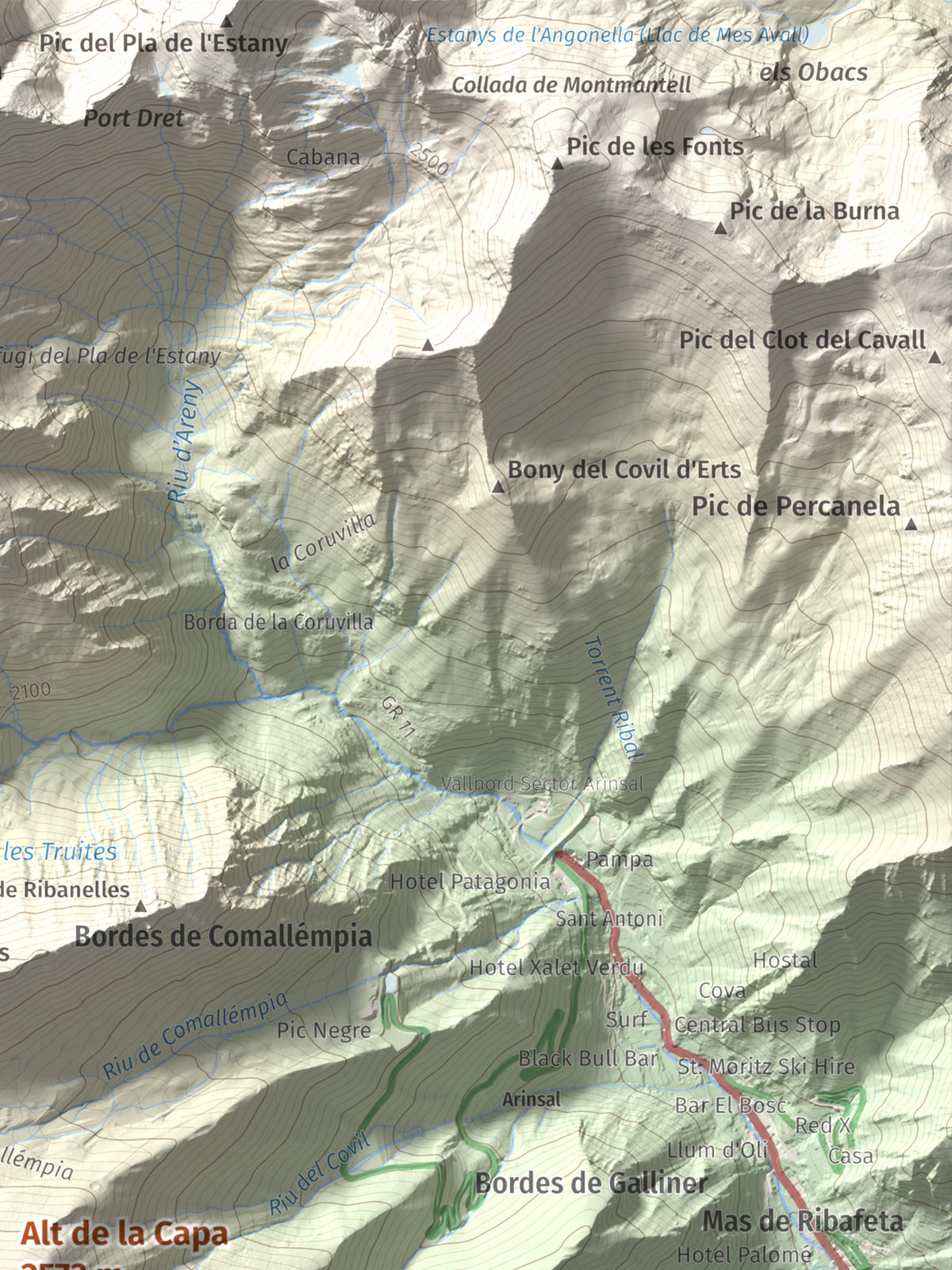 Mapa de relieve de Alt de la Capa, 2573 m, Andorra, lámina 100 Cims de Trobart. Detalle de la zona superior derecha. 30 × 40 cm.