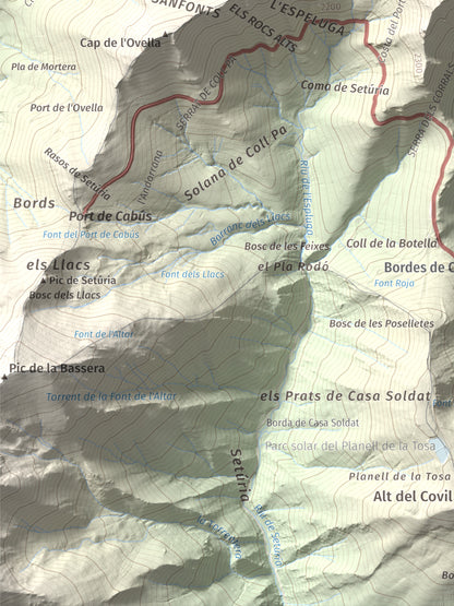Mapa de relieve de Alt de la Capa, 2573 m, Andorra, lámina 100 Cims de Trobart. Detalle de la zona inferior izquierda. 30 × 40 cm.