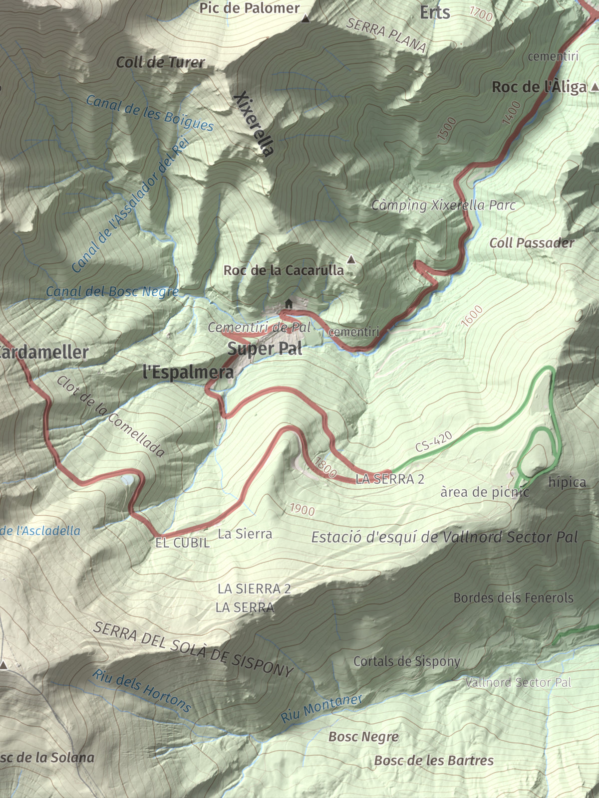 Mapa de relieve de Alt de la Capa, 2573 m, Andorra, lámina 100 Cims de Trobart. Detalle de la zona inferior derecha. 30 × 40 cm.